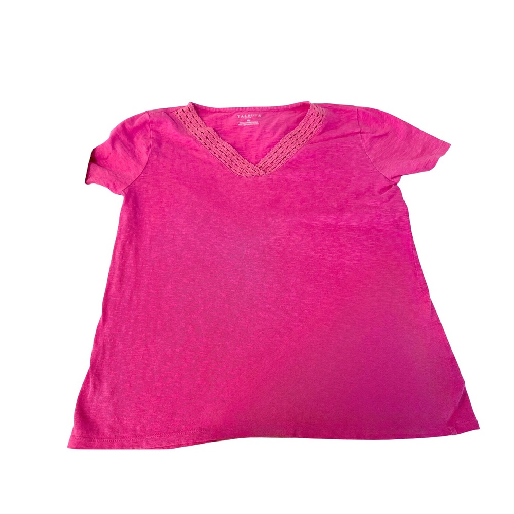 Talbots Petite Pink Slub Cotton V-Neck Crochet Trim Tee Shirt MP Short Sleeve